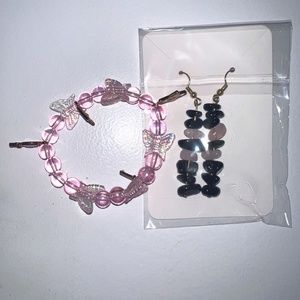 Handcrafted Black and Pink Earring & Bracelet Set